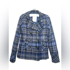 Aeropostale‎ Y2K Wool Blend Plaid Pea Coat Blue Gray Double Breasted Women’s XS